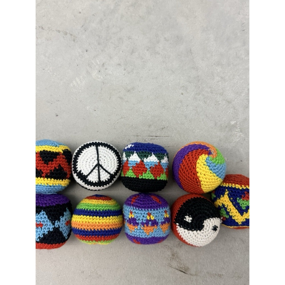 Vintage Lot 11 Crochet Hacky Sacks Footbags Peace Sign Yin Yang Boho Woven - Picture 3 of 4